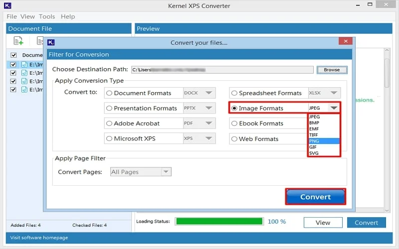 In apply conversion type section choose PNG 